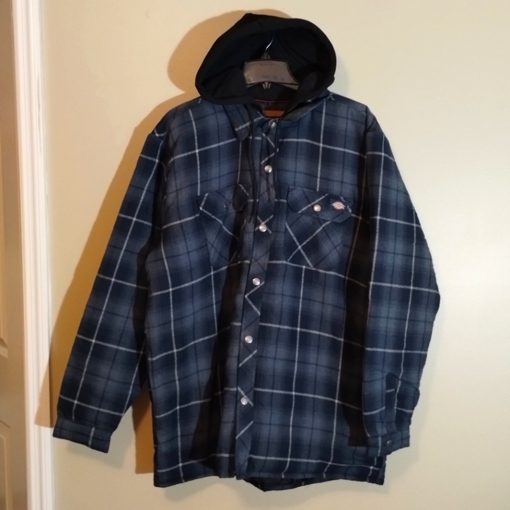 Men's Dickies Water Repellent Flannel Hooded Shirt Jacket, Blue Gray - NWT